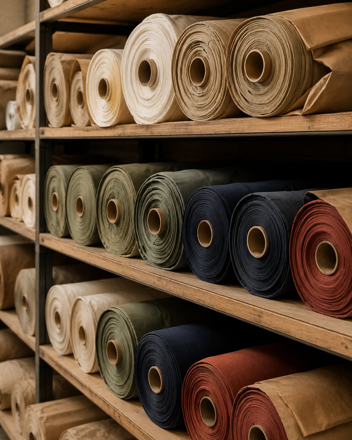 Depo — kumaş rulosu stok rafları / fabric roll racks